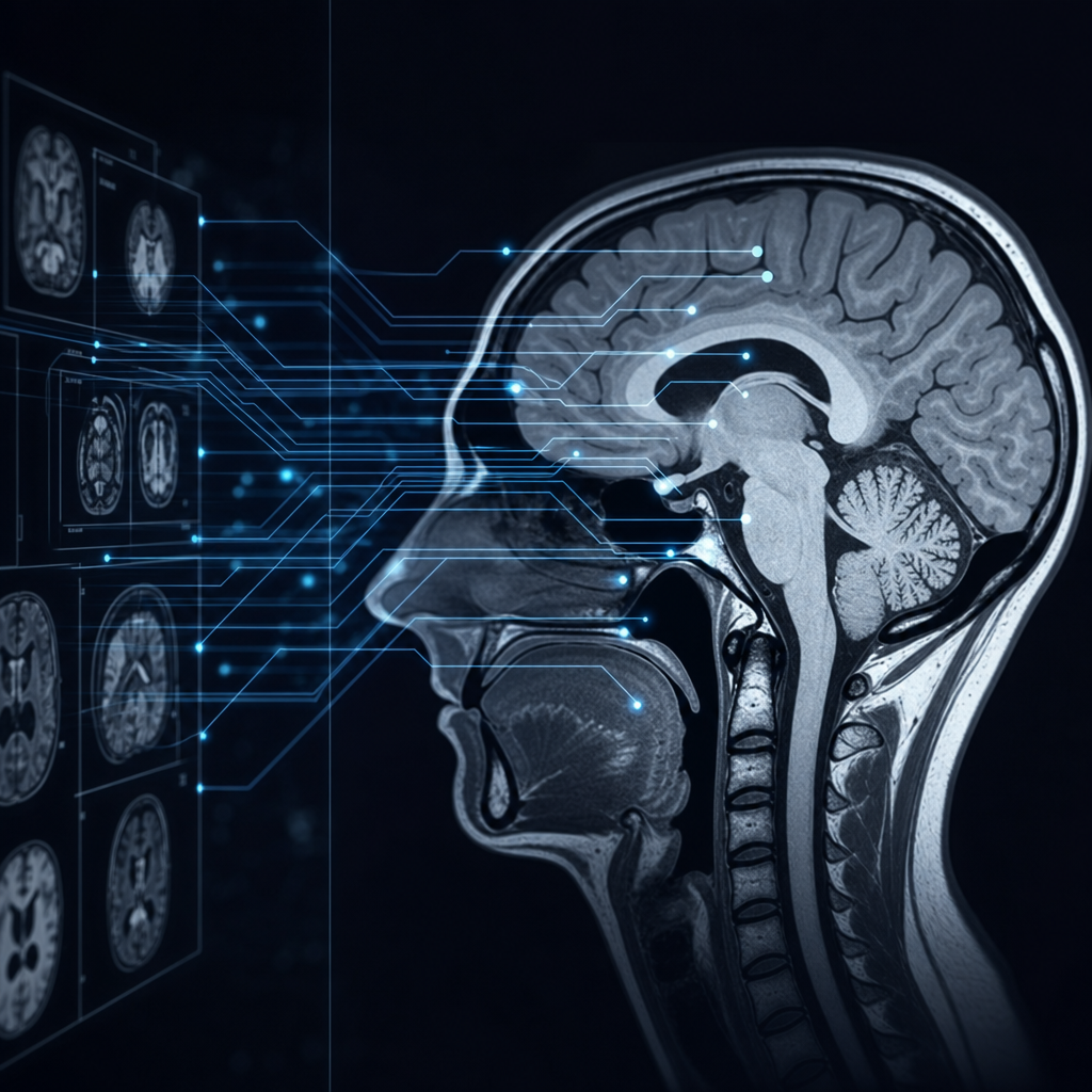 Algoritmo de IA analizando una resonancia magnética cerebral con detalles complejos en estilo editorial moderno