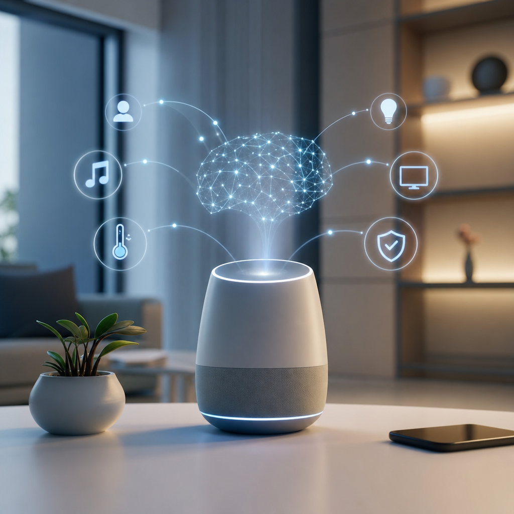 Gadget con inteligencia artificial adaptándose automáticamente a las preferencias del usuario en un entorno moderno y minimalista