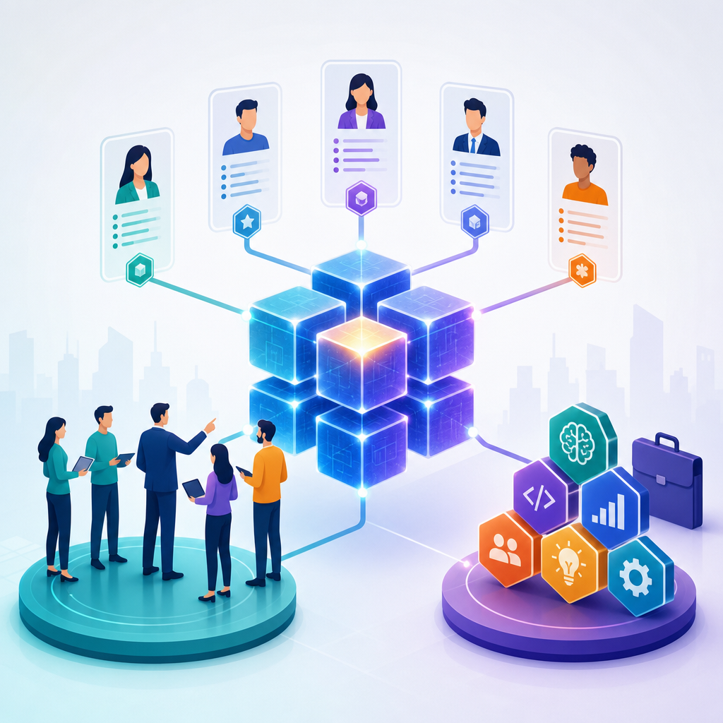 Ilustración colorida que muestra la conexión entre blockchain, gestión de talentos y habilidades en un mercado laboral moderno.