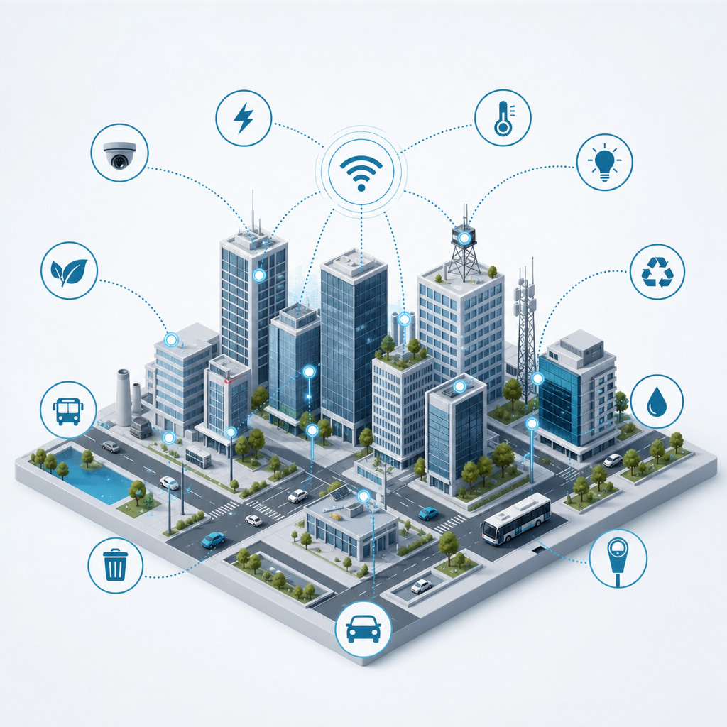 Dibujo de ciudad inteligente mostrando dispositivos IoT y sus conexiones locales