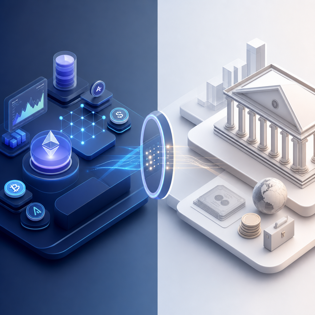 Infografía moderna que muestra una plataforma DeFi interactuando con finanzas tradicionales