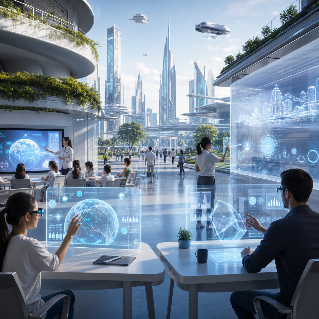 Una ciudad futurista con elementos de realidad aumentada integrados en actividades cotidianas como la educación y el trabajo