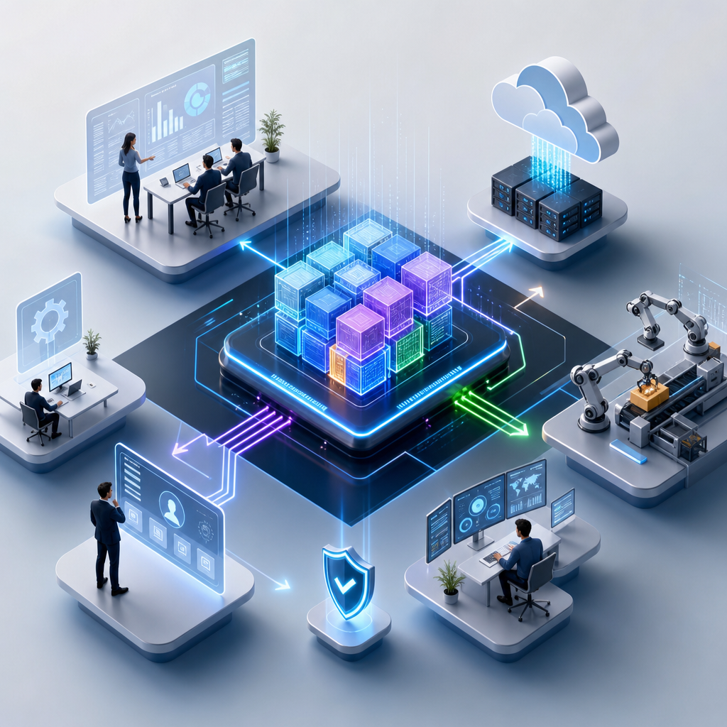 Ilustración detallada del impacto del software reconfigurable en procesos empresariales con un enfoque moderno y tecnológico