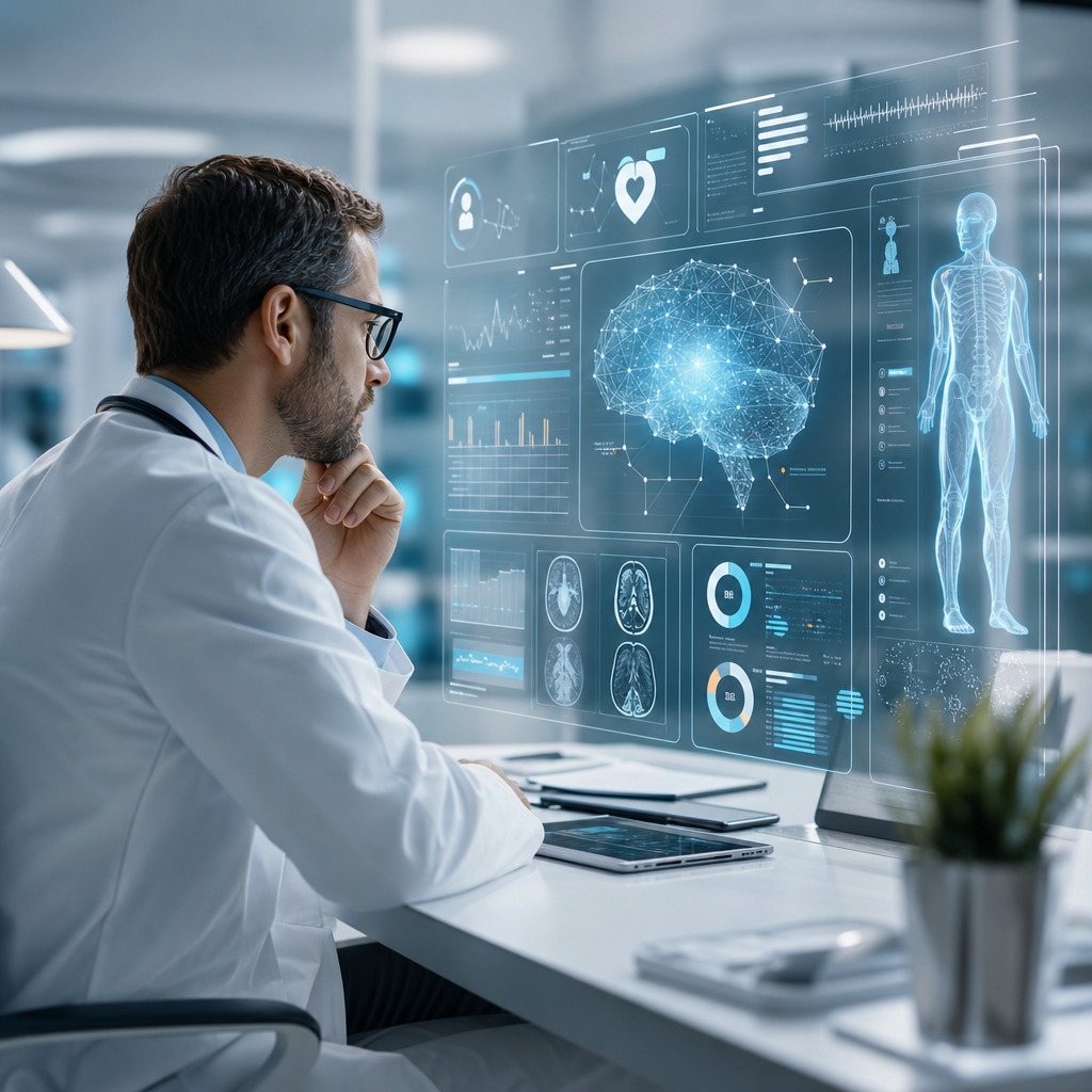 Concepto de médico analizando datos de pacientes con una interfaz de IA en estilo editorial moderno