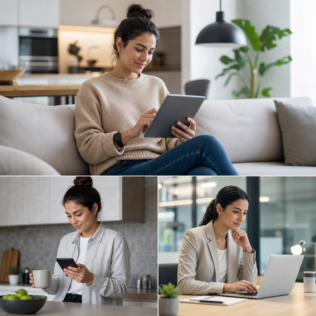 Persona interactuando con dispositivos portátiles en tareas cotidianas en casa y trabajo