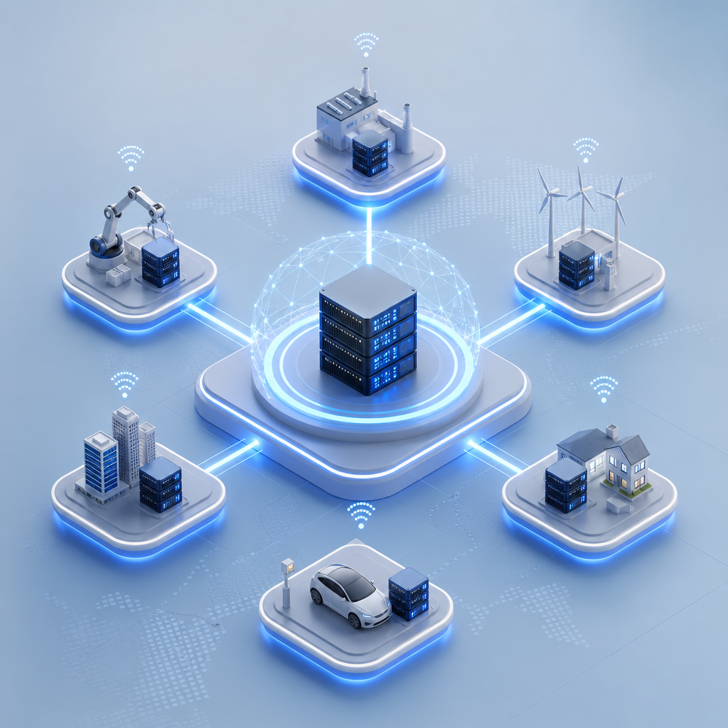 Ilustración de servidores distribuidos trabajando coordinadamente bajo la tecnología edge computing