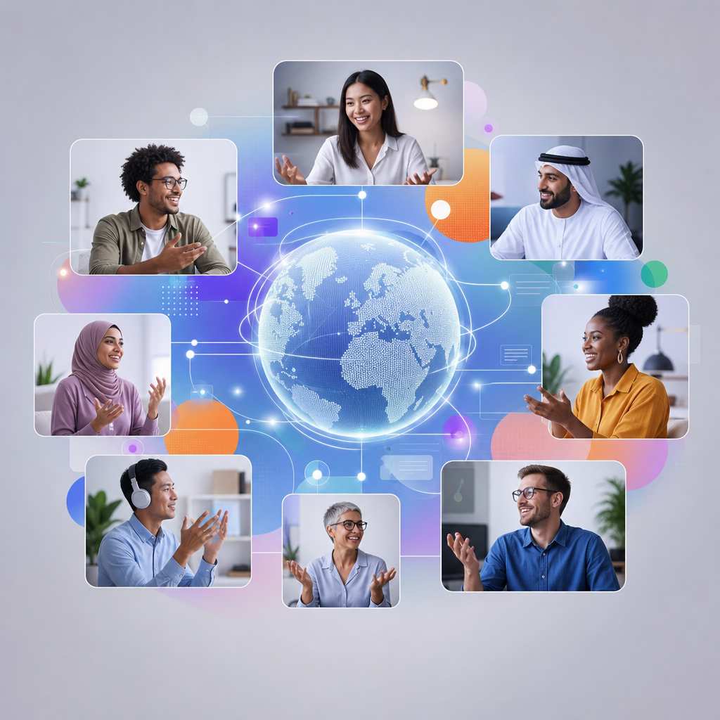 Personas de diferentes culturas interactuando en un espacio virtual, destacando la diversidad y las conexiones digitales