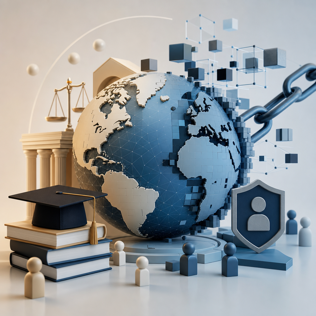 Concepto abstracto que representa los desafíos éticos y tecnológicos de la tokenización en la educación global