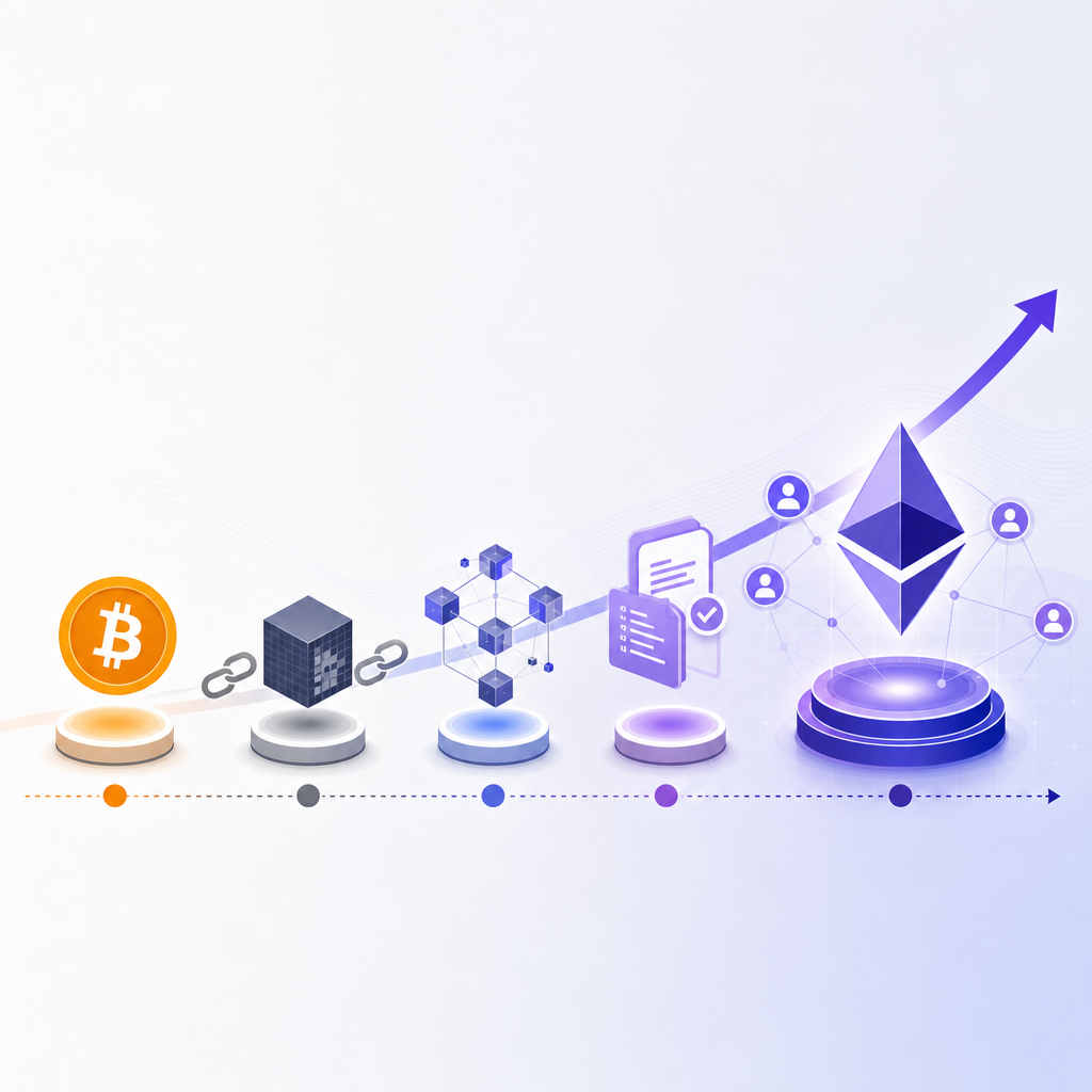 Diagrama ilustrativo que muestra la evolución histórica de DAOs desde Bitcoin hasta Ethereum, estilo moderno y educativo
