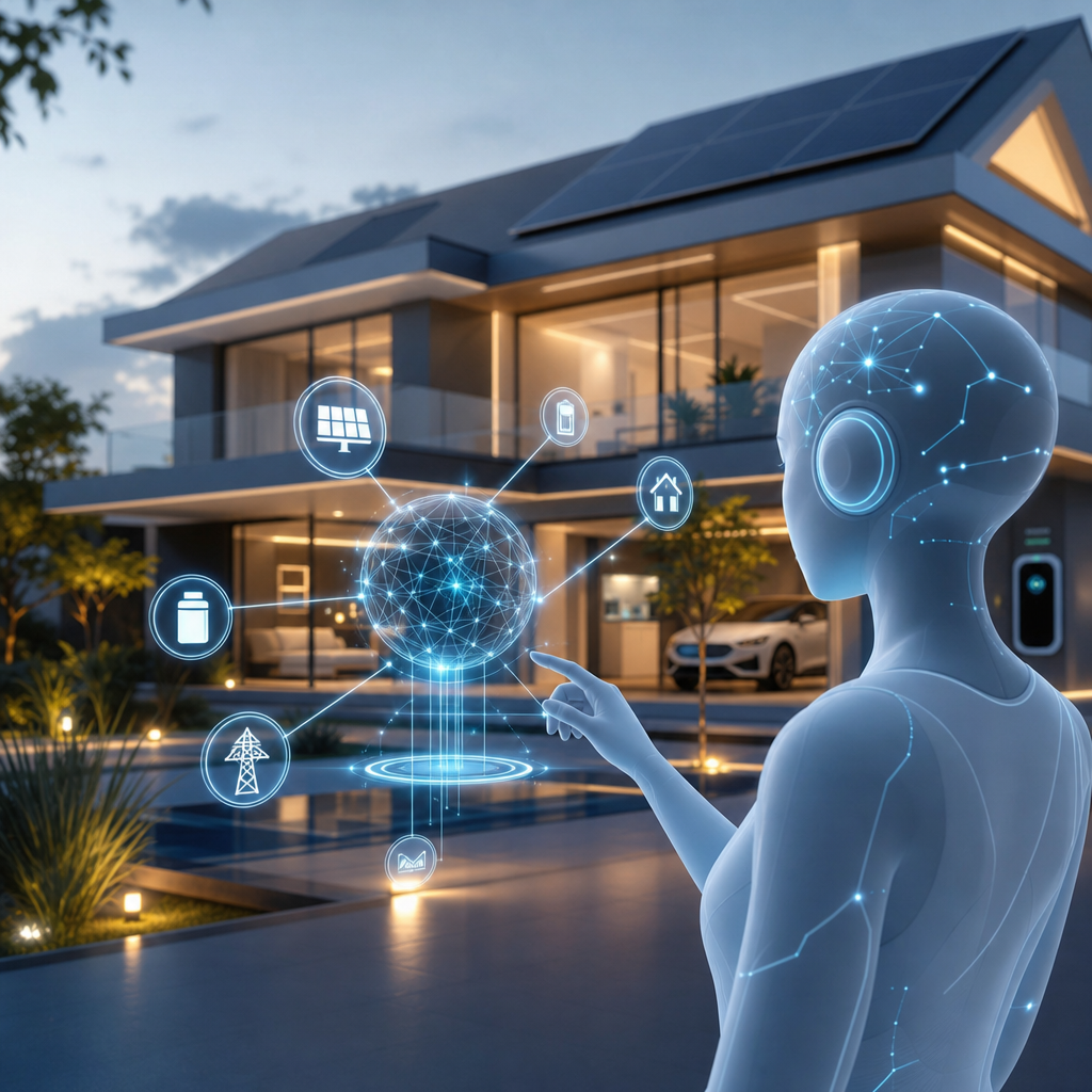 Asistente virtual cuántico gestionando energía en un hogar futurista, estilo editorial y moderno