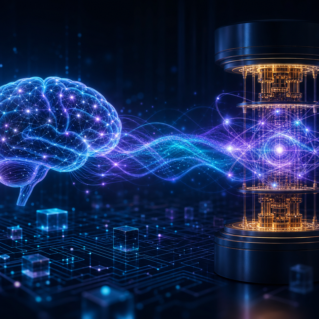 Ilustración artística de ondas neurales combinando IA y computación cuántica revolucionando tecnología.