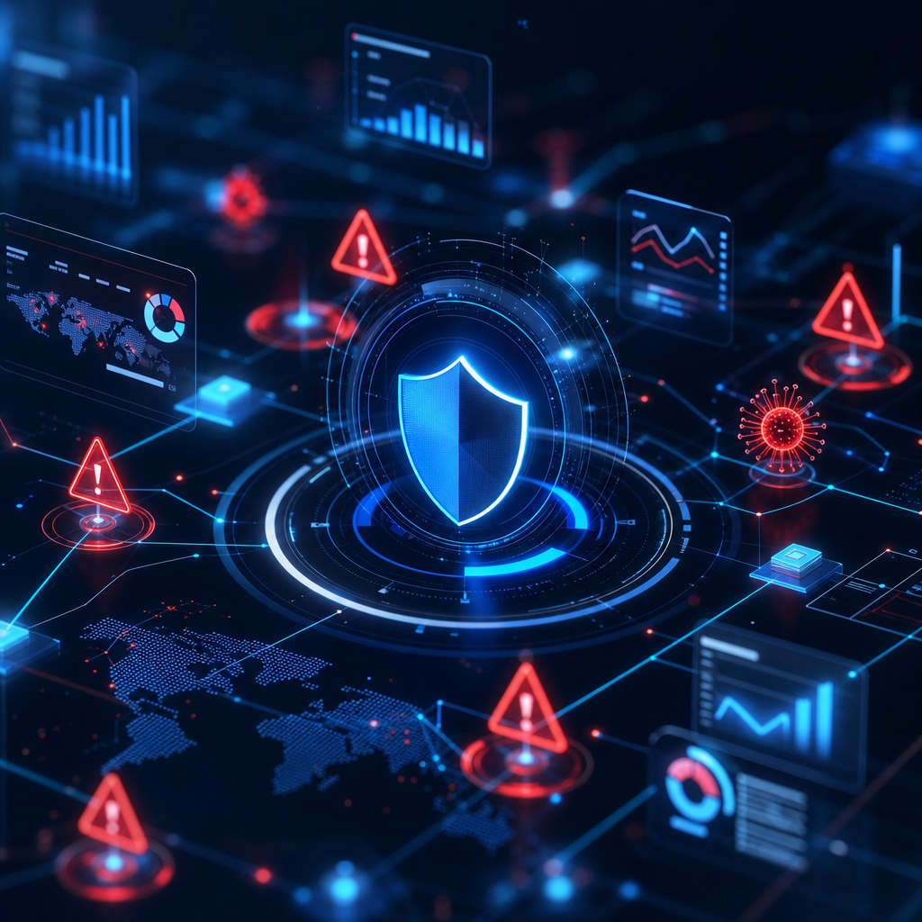 Representación abstracta de un sistema automatizado de ciberseguridad detectando amenazas online con visualización de datos dinámica.