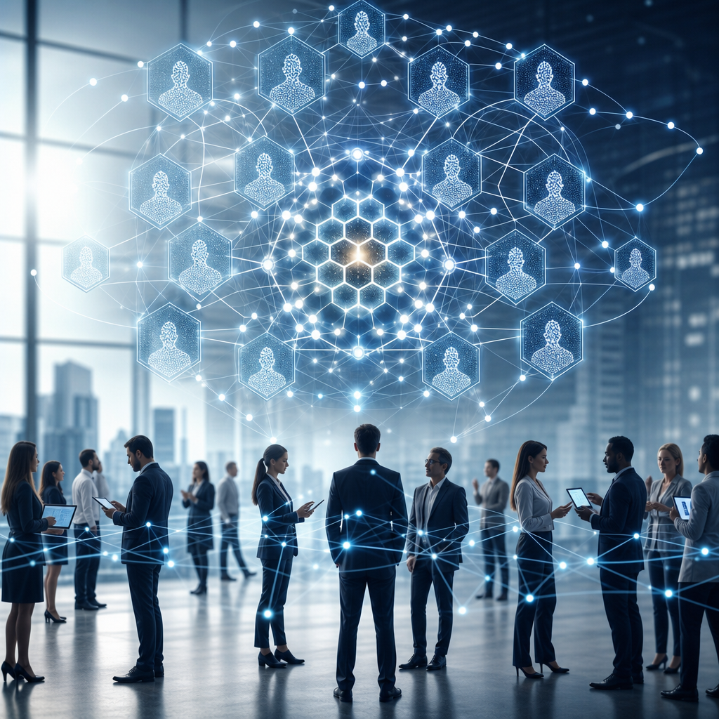 Mente de colmena emergente con tecnología avanzada y redes humanas conectadas en un entorno empresarial
