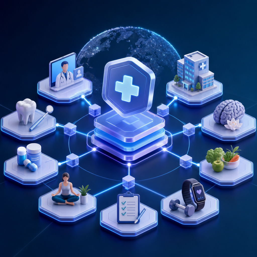 Representación artística de plataforma blockchain que tokeniza servicios médicos y de bienestar, mostrando diversidad de servicios ofrecidos globalmente