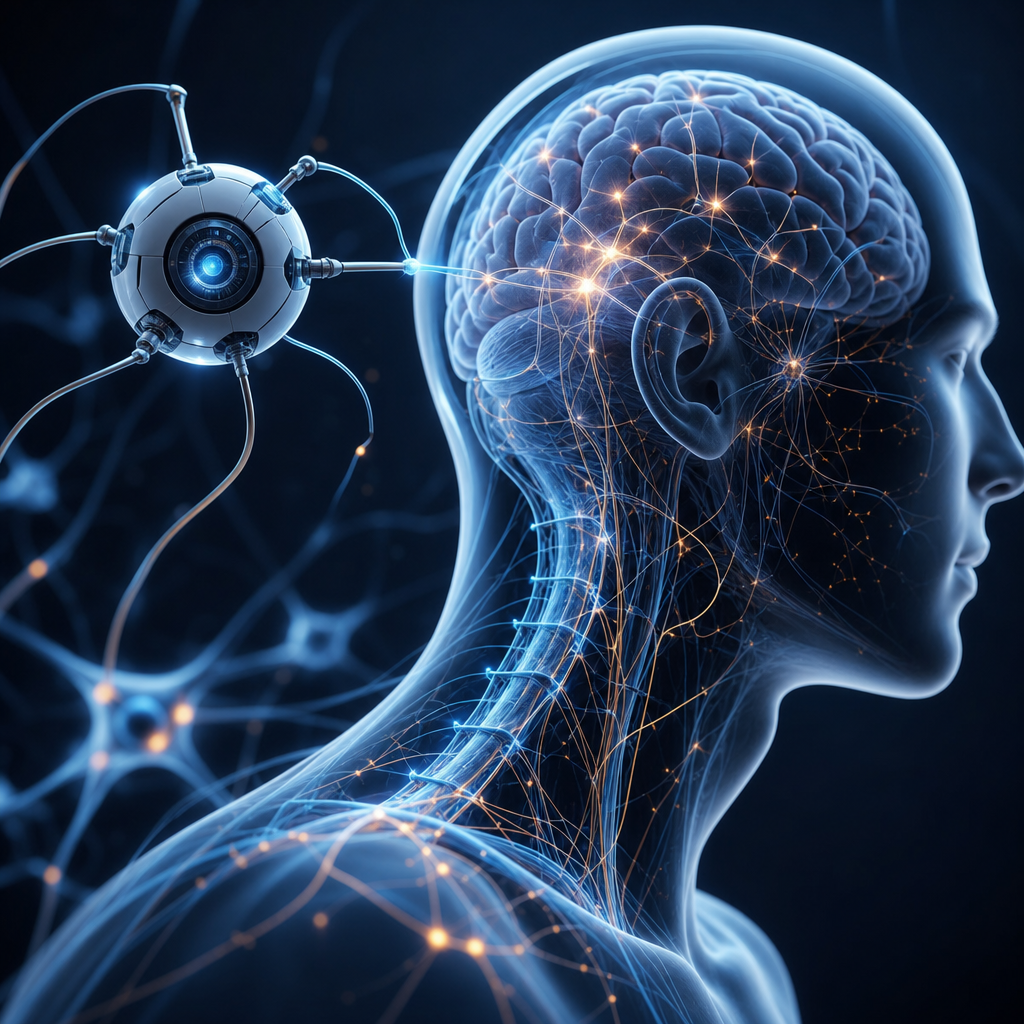 Un nanodispositivo cognitivo interactuando con el sistema nervioso humano en ilustración tecnológica futurista