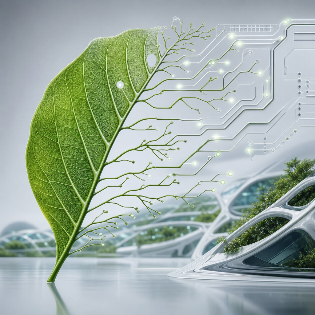 Representación conceptual de biomímesis en tecnología, inspiración de estructuras naturales para sistemas digitales sostenibles