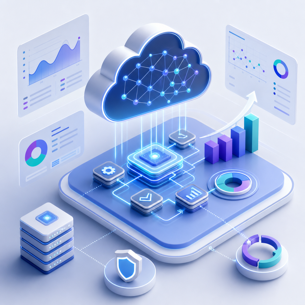 Ilustración de un entorno virtual interactivo en la nube simulando procesos de software para predicción y mejora constante