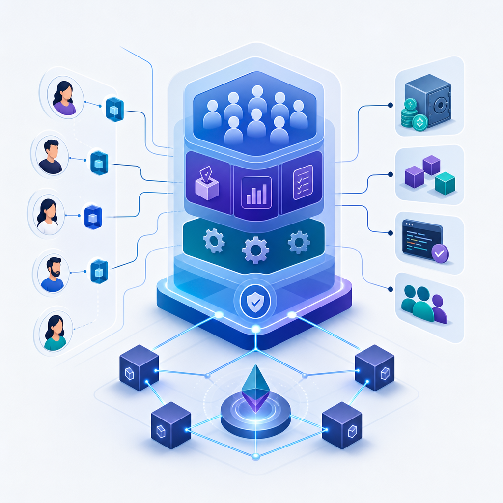 Diagrama moderno y claro mostrando el funcionamiento interno de una DAO en blockchain, estilo editorial profesional