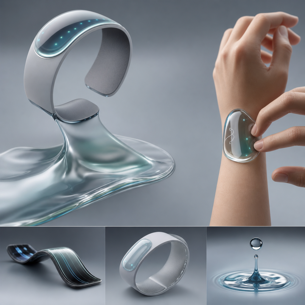 Representación artística de dispositivos wearables moldeables con tecnología de materiales líquidos inteligentes