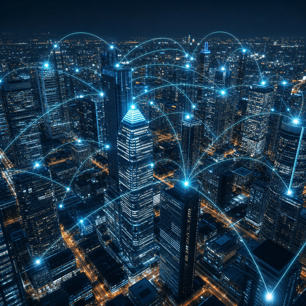 Vista aérea de una ciudad iluminada, interconexión tecnológica y flujo de datos entre edificios modernamente estilizados