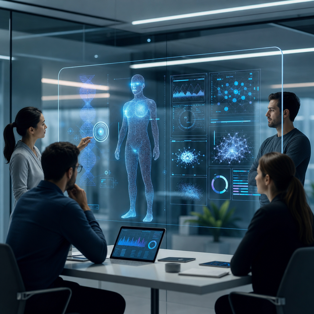 Imagen de una startup tecnológica analizando datos biométricos mediante gráficos y algoritmos disruptivos en una sala moderna
