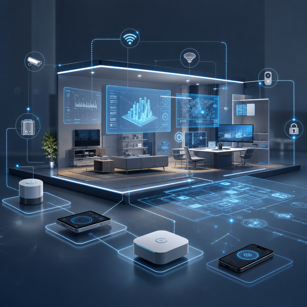 Ilustración de un espacio virtual con sensores IoT y realidad aumentada, enfocado en sus propias evoluciones tecnológicas interconectadas