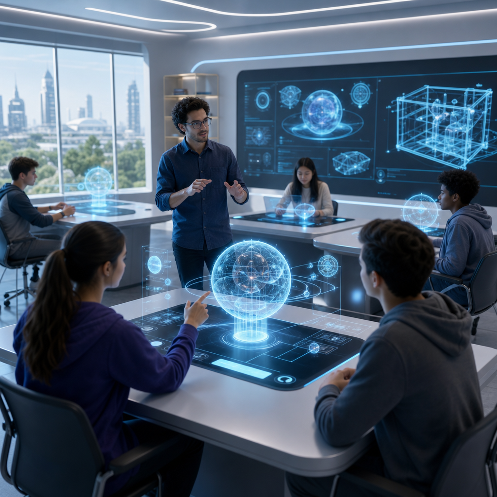 Hologramas avanzados en aula futurista, estudiantes interactúan con modelos 3D en entorno educativo moderno