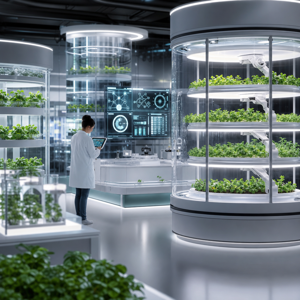 Imagen de laboratorio futurista con plantas cultivadas en sistemas controlados por algoritmos avanzados y tecnología de IA