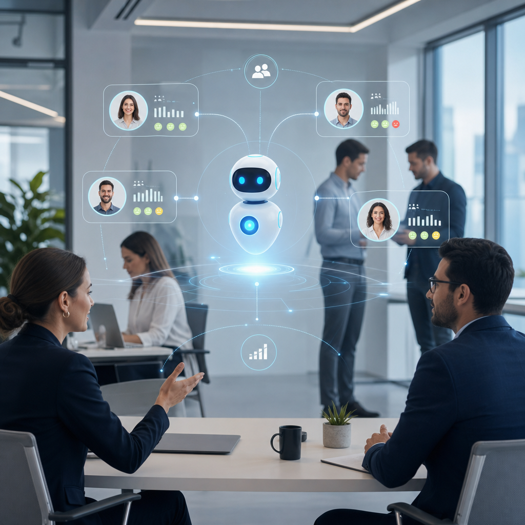 Ilustración conceptual de micro-IA evaluando interacciones laborales en tiempo real en un entorno moderno