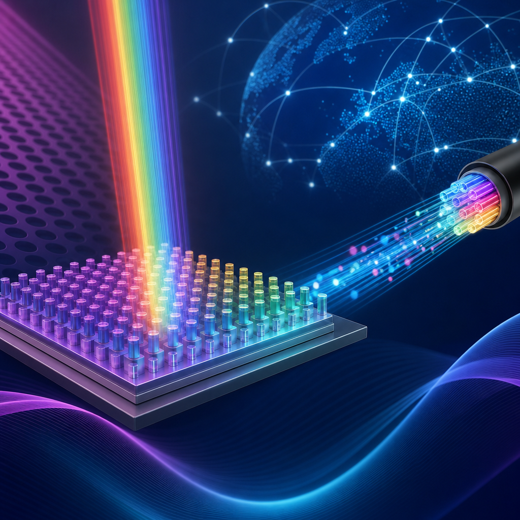 Nanoestructuras fotónicas para telecomunicaciones con fondos ilustrativos coloridos y estilizados