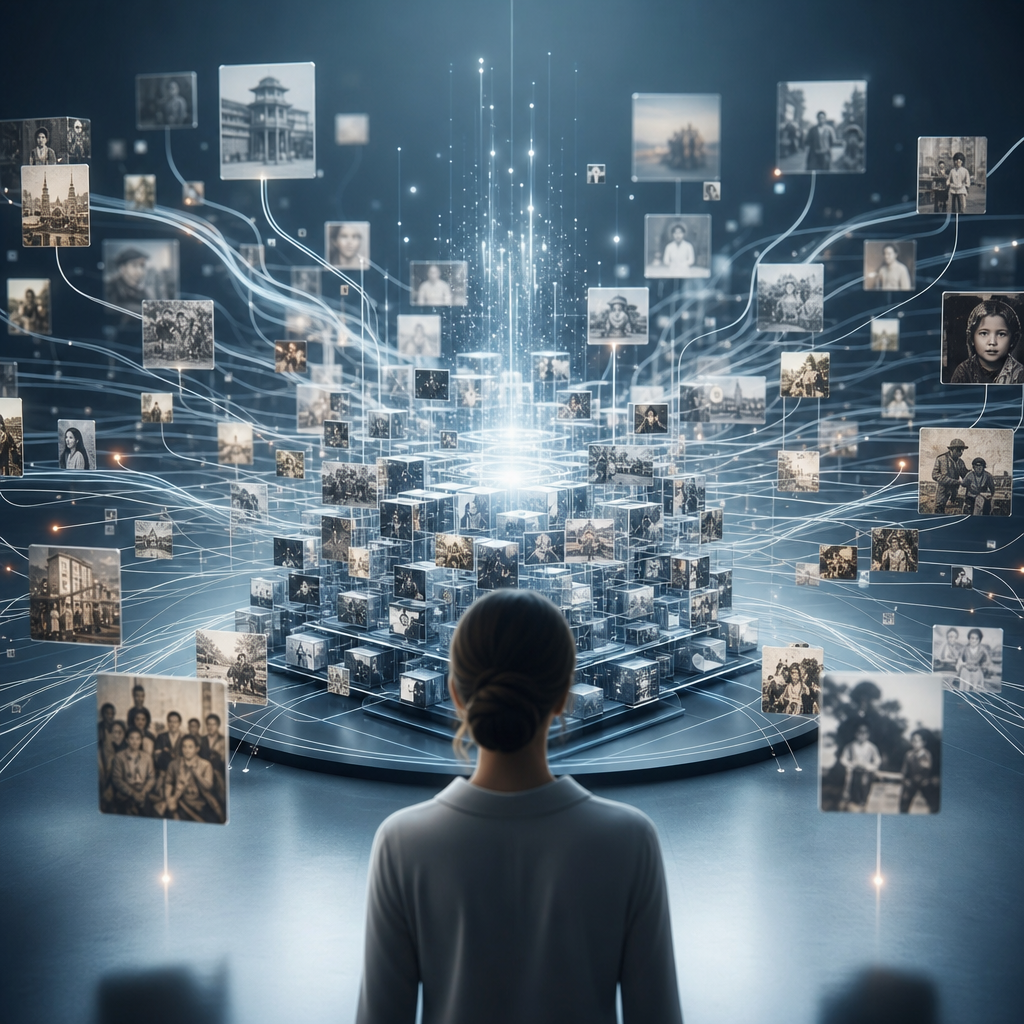 Algoritmos de inteligencia artificial organizando datos históricos personales bajo un concepto de memoria colectiva moderna, editorial y futurista.