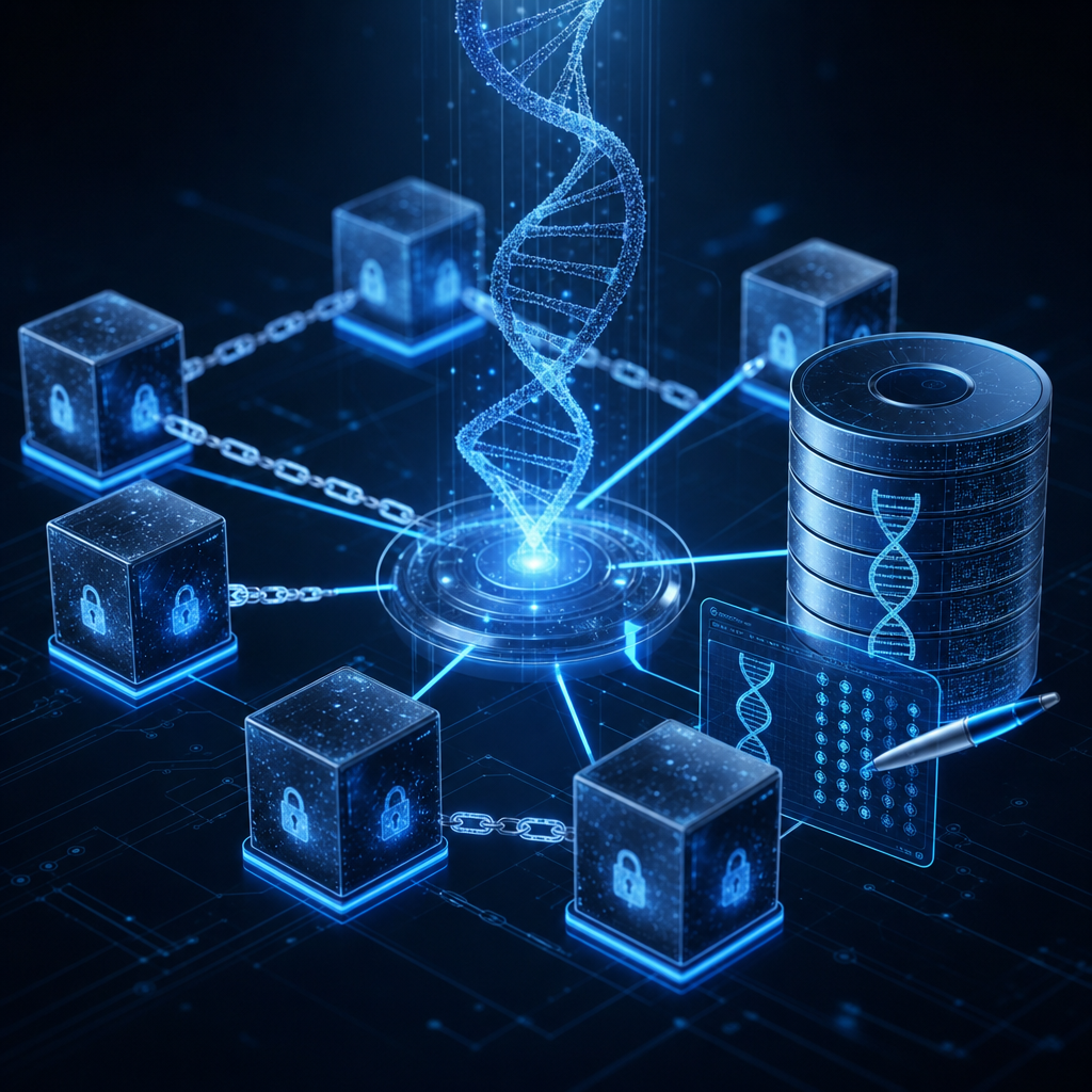 Blockchain futurista interconectada con secuencias de ADN y base de datos genética editable