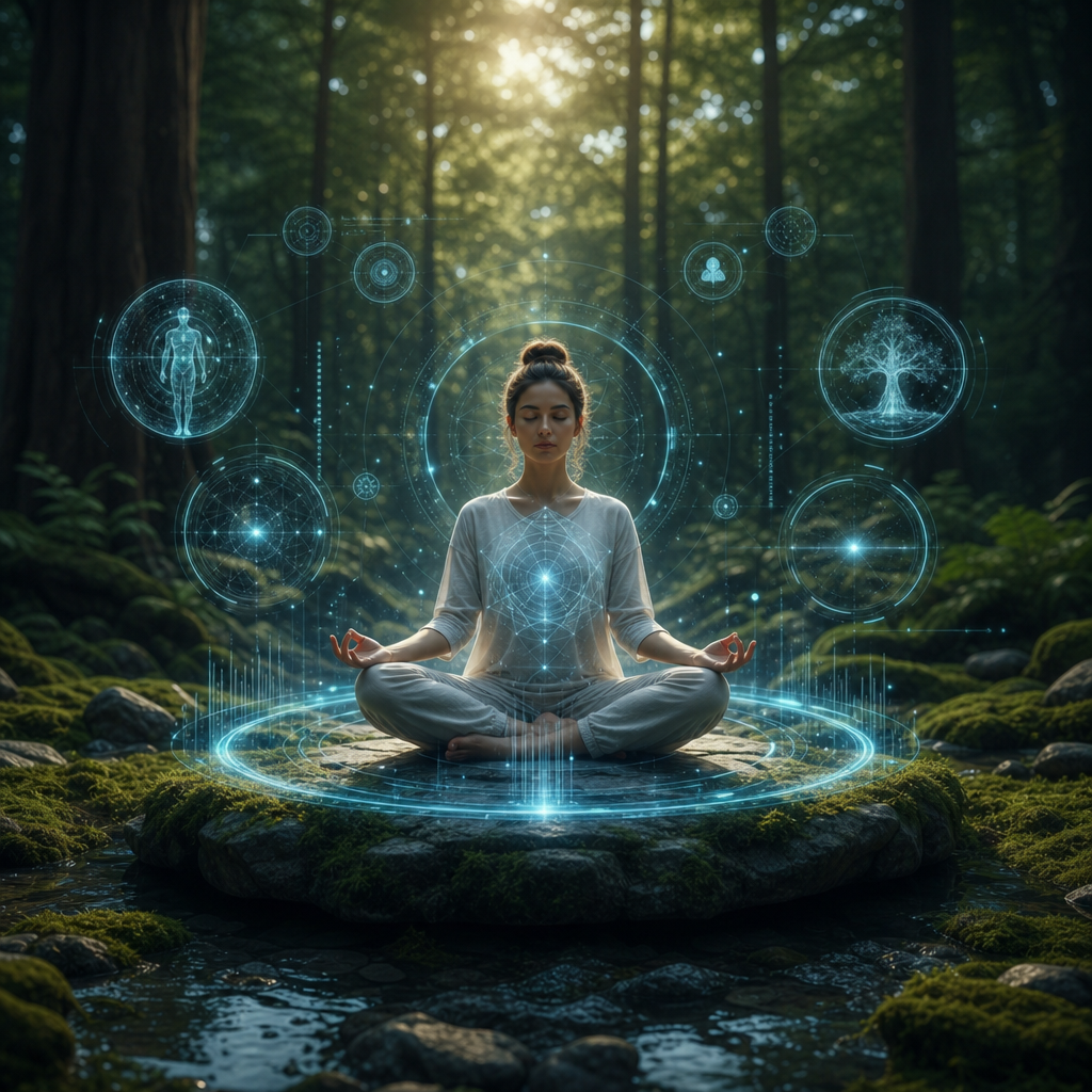 Persona meditando rodeada de hologramas digitales en un bosque, simbolizando la fusión de tecnología y espiritualidad