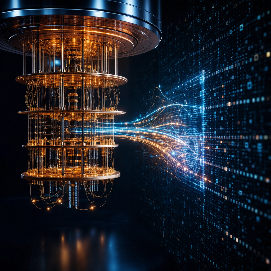 Computadoras cuánticas brillantes descifrando un código criptográfico digital complejo, avance tecnológico futurista