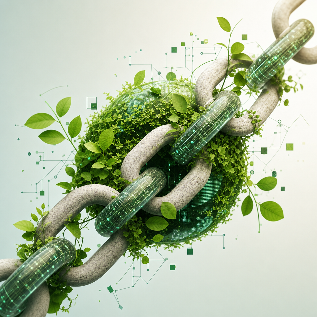 Ilustración editorial moderna de una cadena de bloques entrelazada con elementos naturales y digitales sobre sostenibilidad