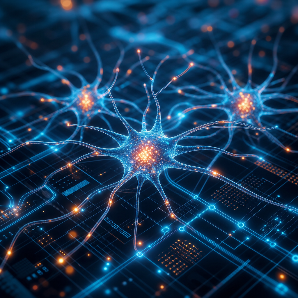 Ilustración moderna y conceptual de neuronas sintéticas procesando datos en una red computacional avanzada