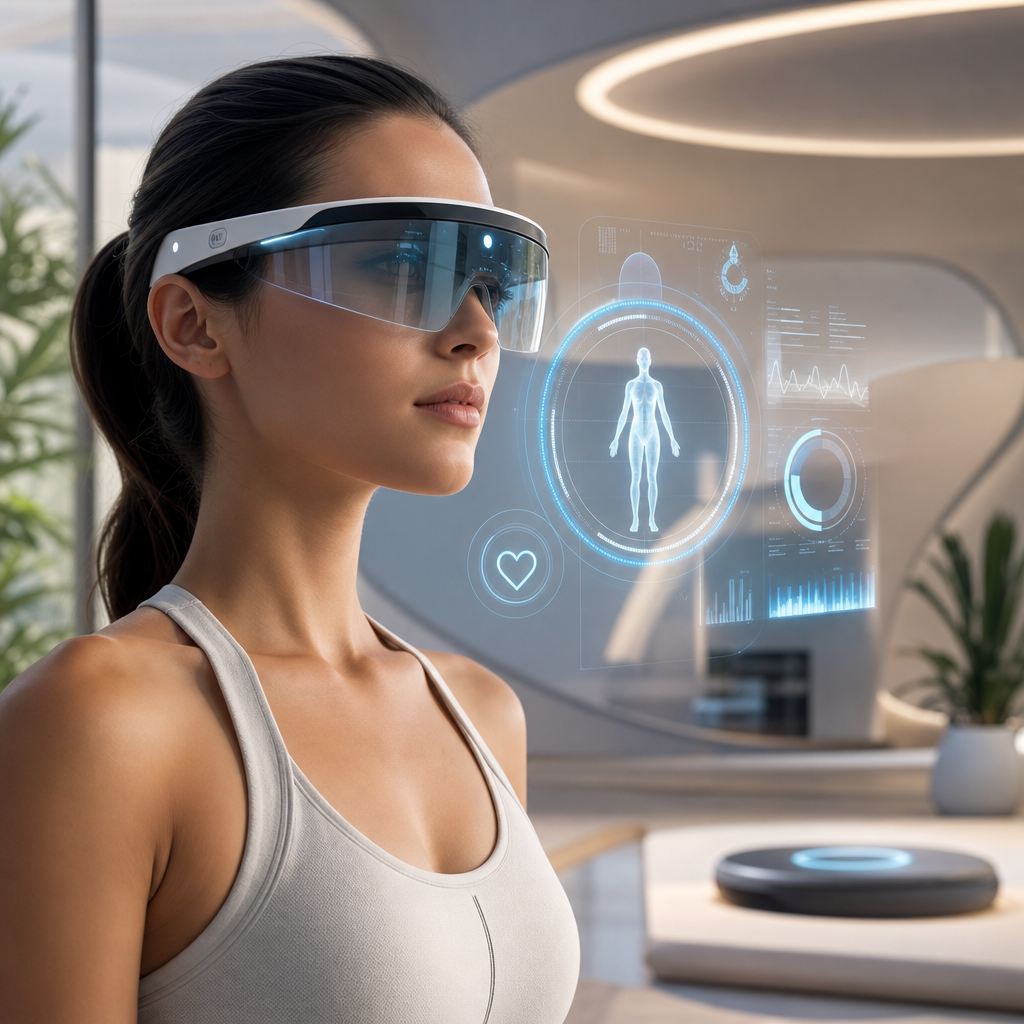 Un dispositivo de realidad aumentada mostrando biometría en un entorno de bienestar, moderno y futurista