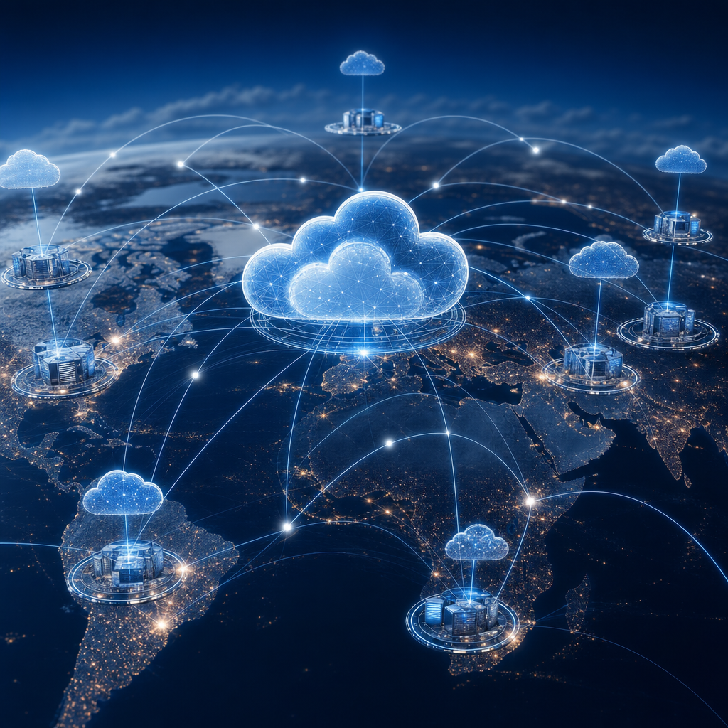 Vista aérea de infraestructura de nube híbrida conectando ciudades globales en un mundo digital moderno