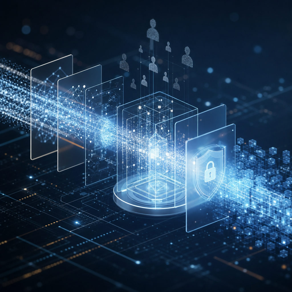 Ilustración de algoritmos invisibles operando en un entorno digital futurista con privacidad y big data
