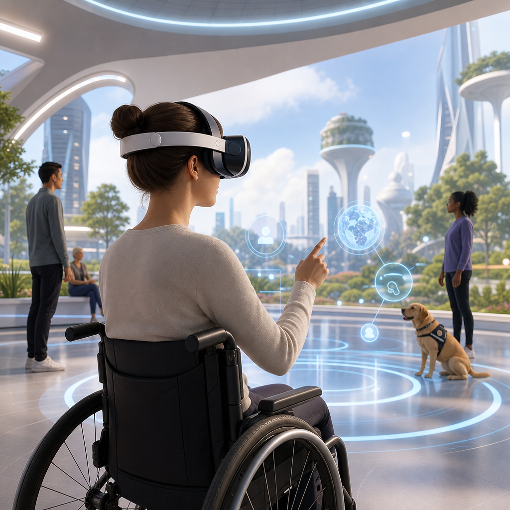 Persona usando auriculares VR en un entorno virtual accesible en contexto inclusivo futurista