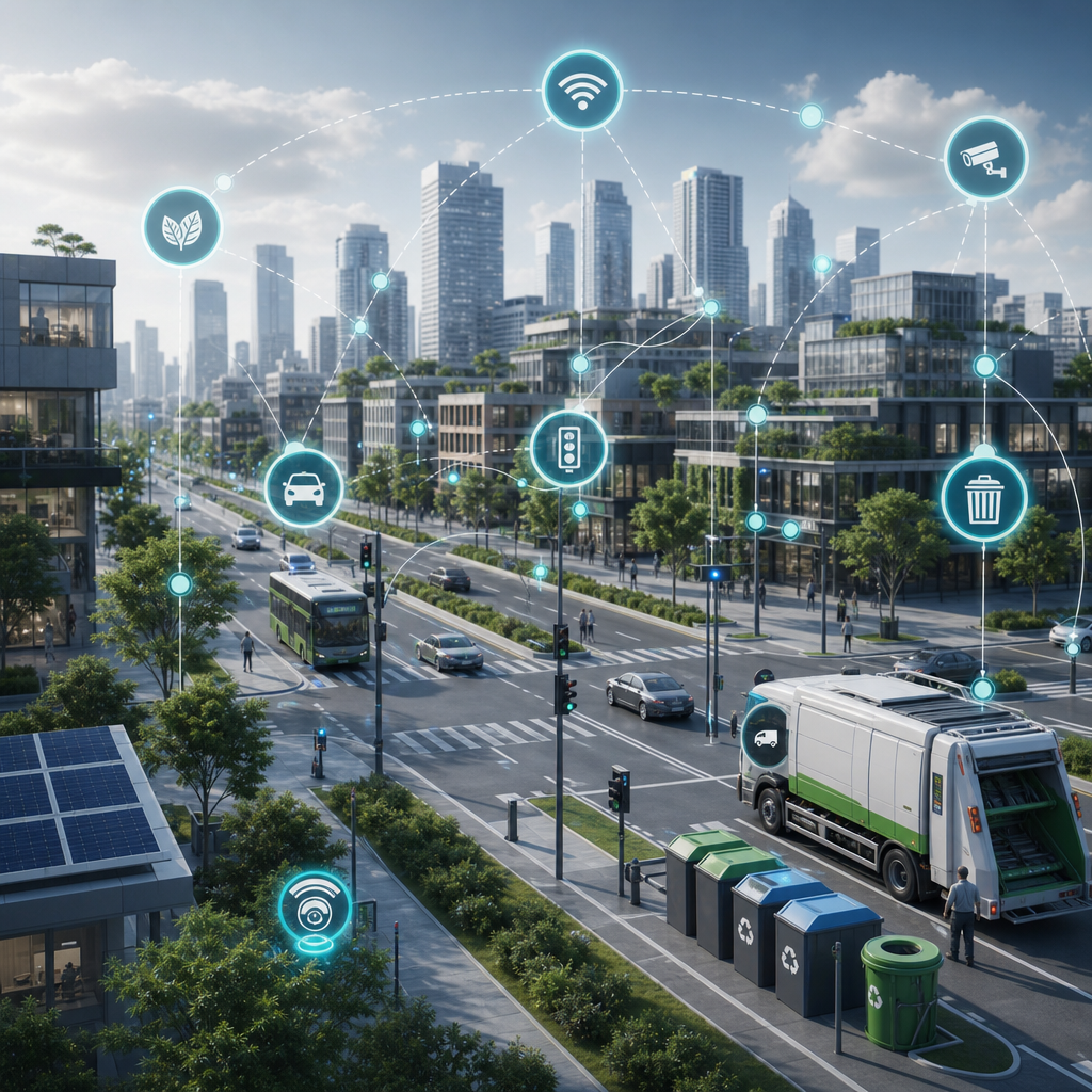 Ilustrar red de sensores IoT en ciudad inteligente con tráfico optimizado y gestión de residuos eficiente