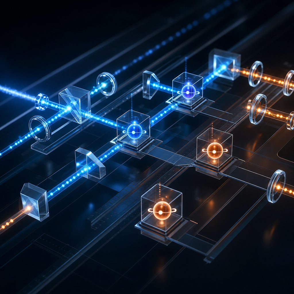 Esquema de circuitos ópticos en funcionamiento, mostrando fotones manejando qubits en un diseño futurista