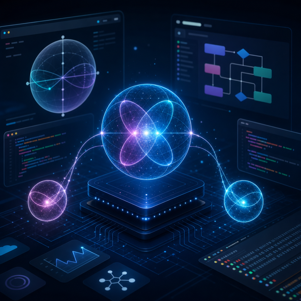 Computación cuántica conceptualizada con gráficos de superposición y entrelazamiento en aplicaciones de software moderno