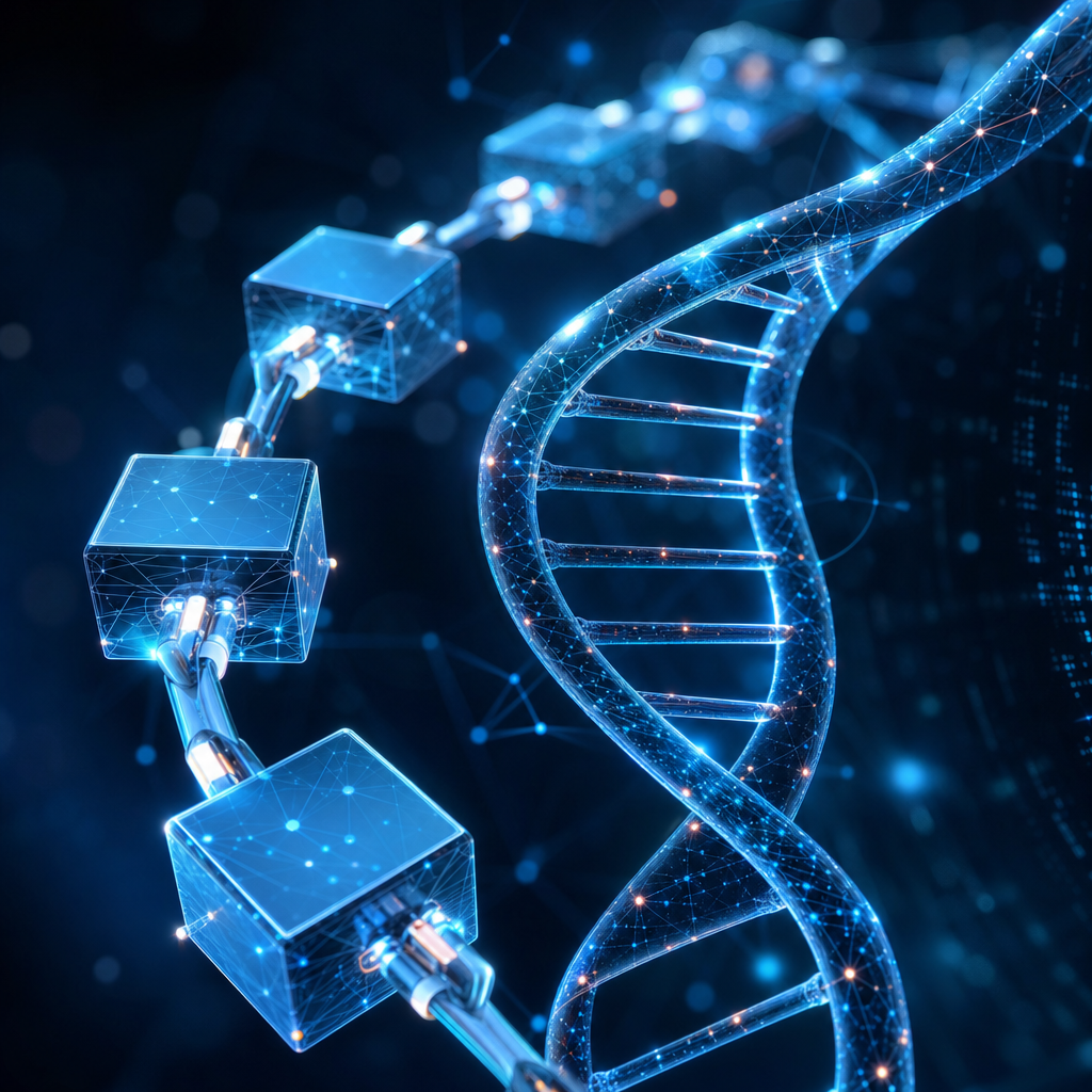 Ilustración de blockchain fusionándose con estructuras de ADN en entorno digital futurista