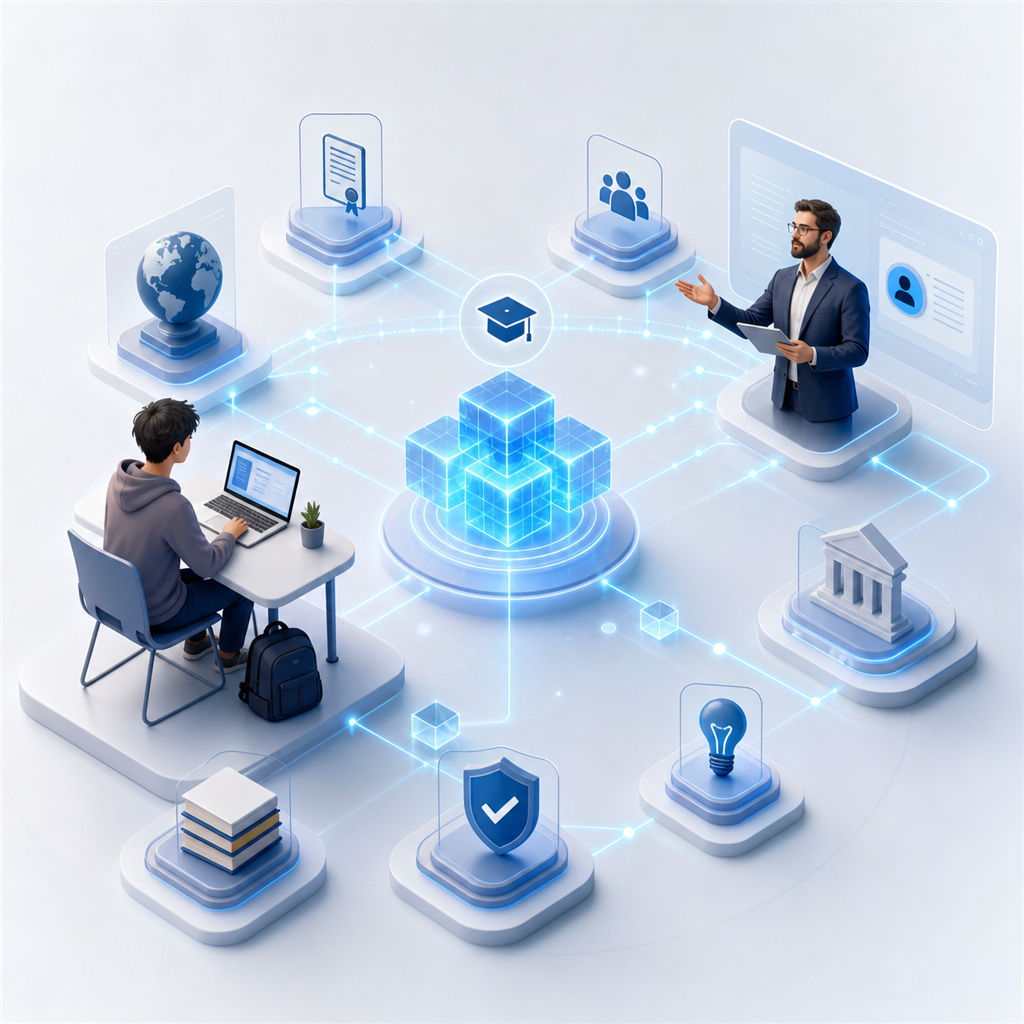 Descripción educativa moderna con tecnología blockchain transformando aprendizaje descentralizado e interacción directa estudiante-docente