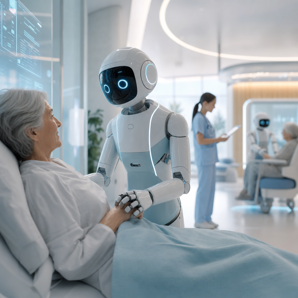 Diseño futurista de robots asistenciales interactuando empáticamente con humanos en un entorno sanitario