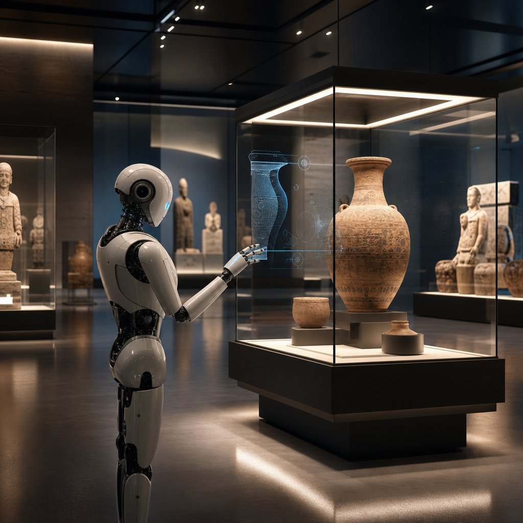 Ilustración moderna de un museo con IA interactuando con artefactos históricos en exhibición