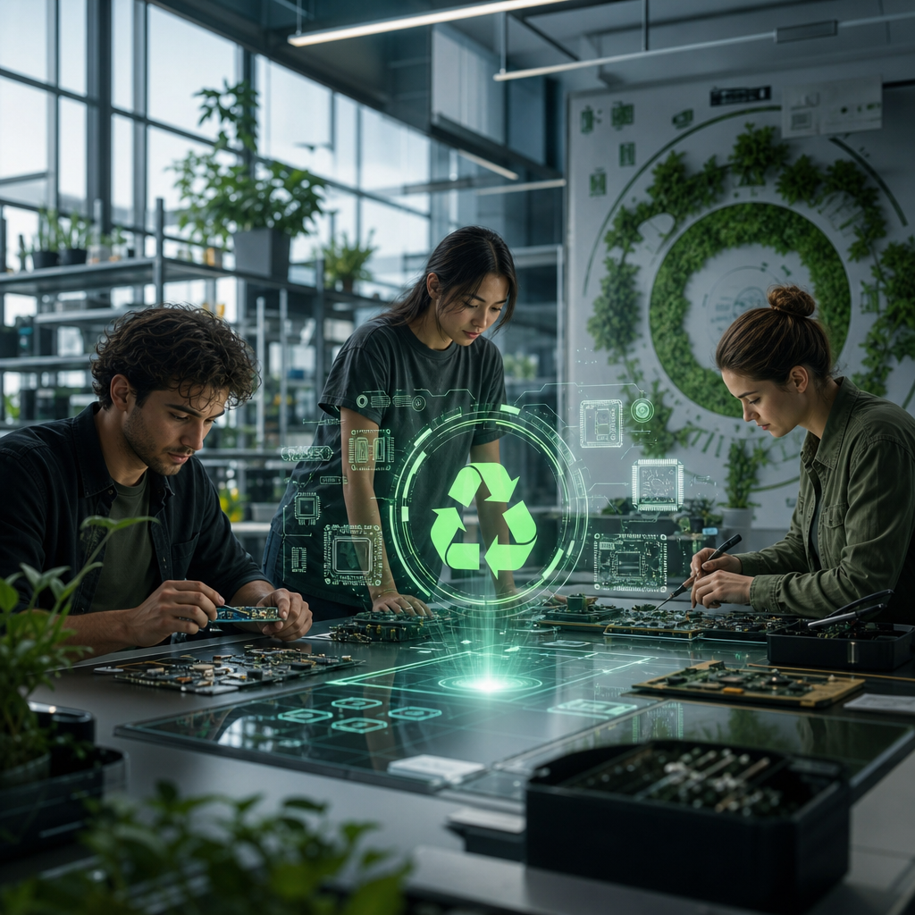 Startup reutilizando componentes electrónicos mediante tecnología avanzada en un entorno moderno sostenible