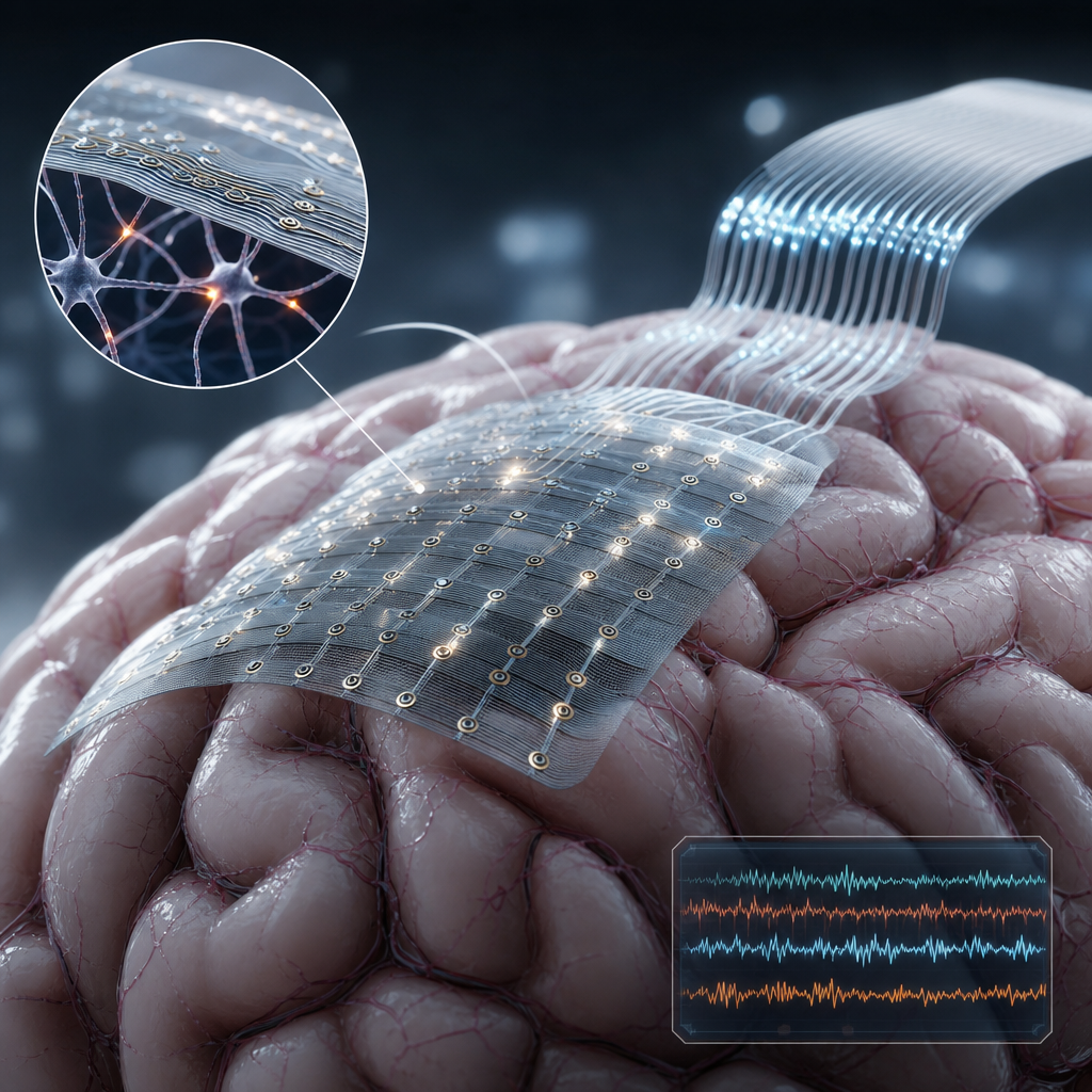 Sensores flexibles de última generación capturando impulsos neuronales con precisión extrema en detalle técnico
