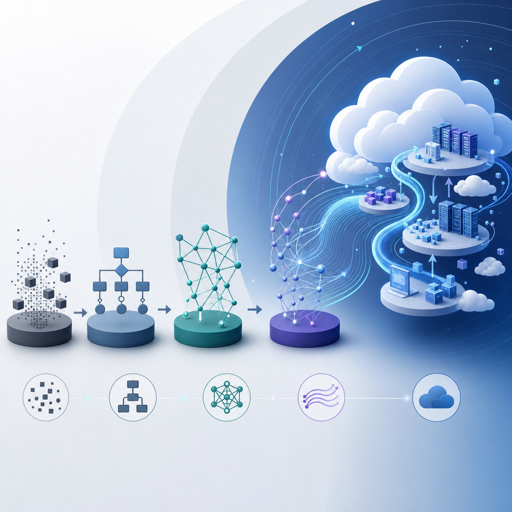 Diagrama explicativo evolutivo de algoritmos adaptativos y fluido-contextuales en entornos de nube dinámicos